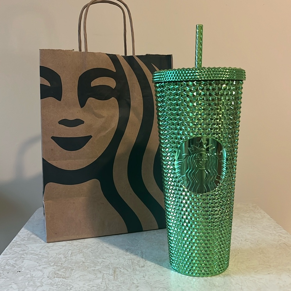 NEW Starbucks Metallic Green Bling Studded Venti Tumbler 24 oz Holiday Cold Cup